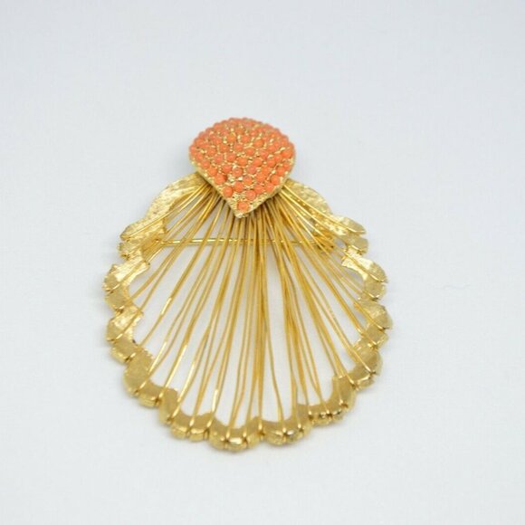 Faux Coral Bead Sea Shell Gold Tone Wire Brooch - Picture 2 of 5